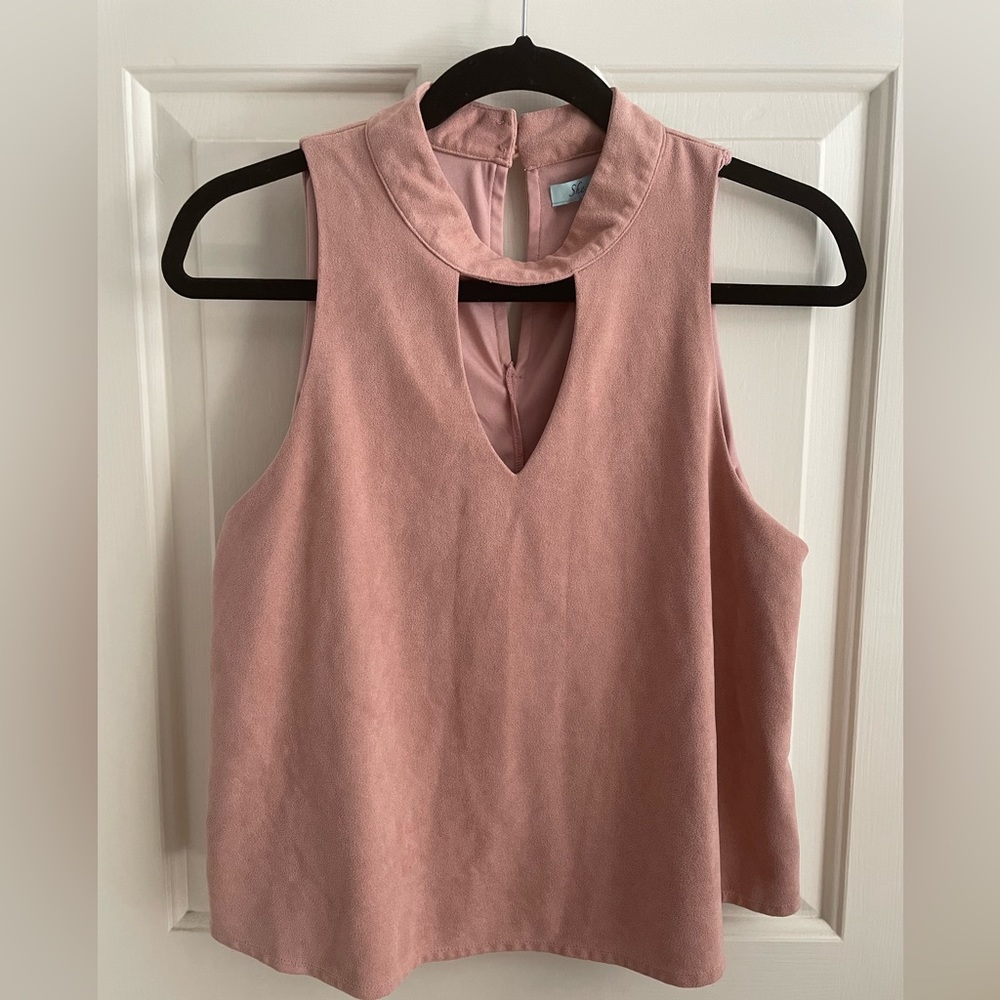 She + Sky Tank Sleeveless Button Neck Boho Festival Suede Pink Mauve Sz medium
